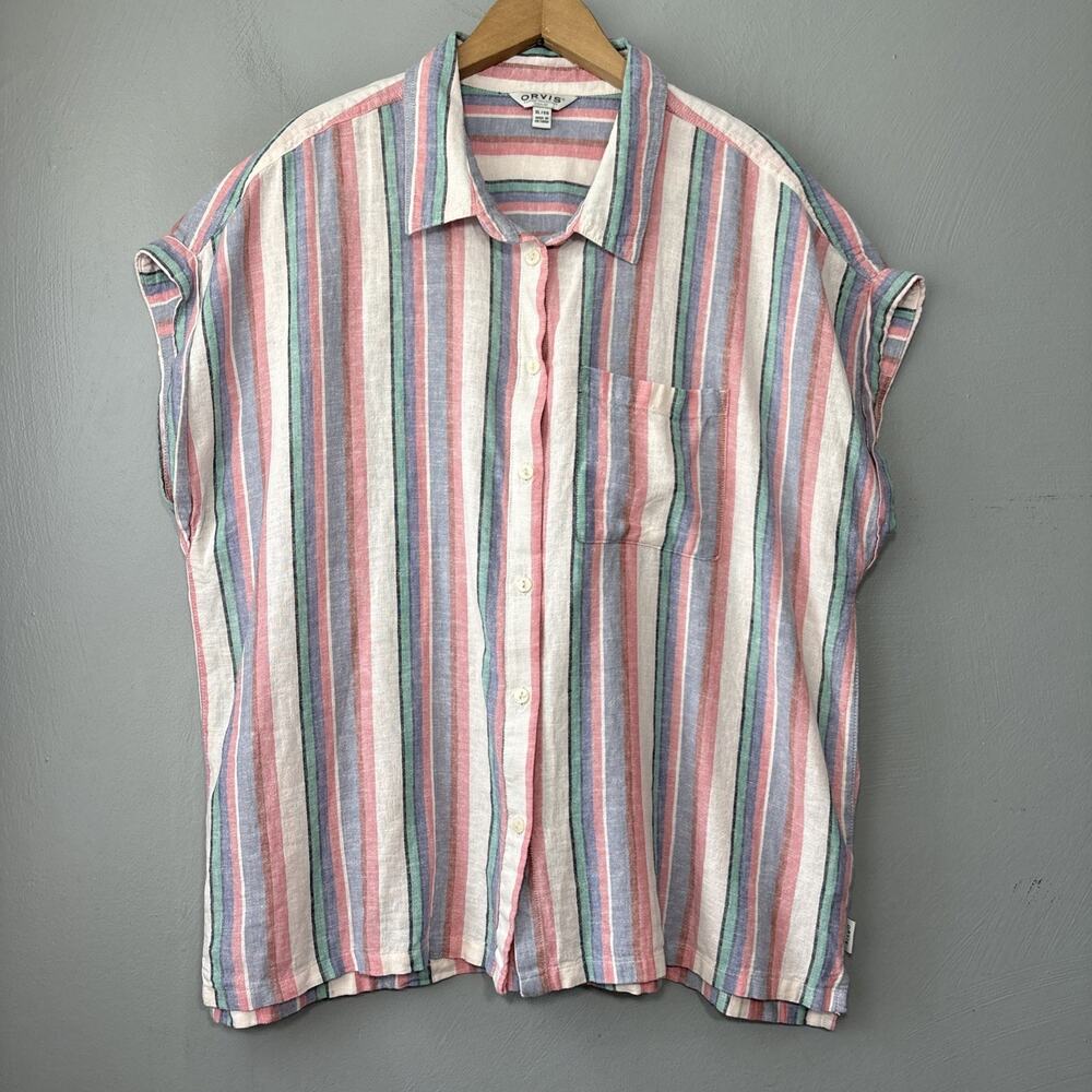 Orvis Shirt Size XL Striped Linen Blend Button Up Beach Coastal Grandma Casual